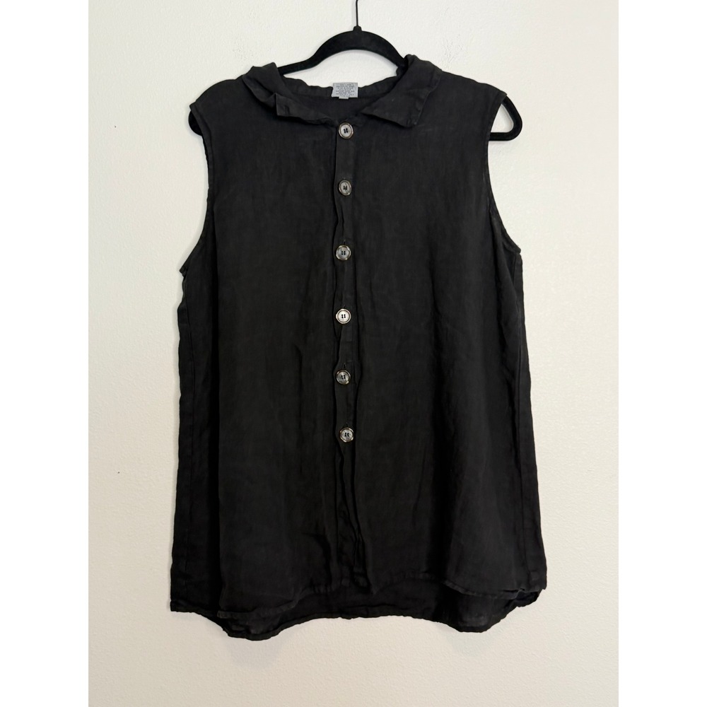 CP Shades Sausalito Black 100% Linen Sleeveless Button Down Top Collar M